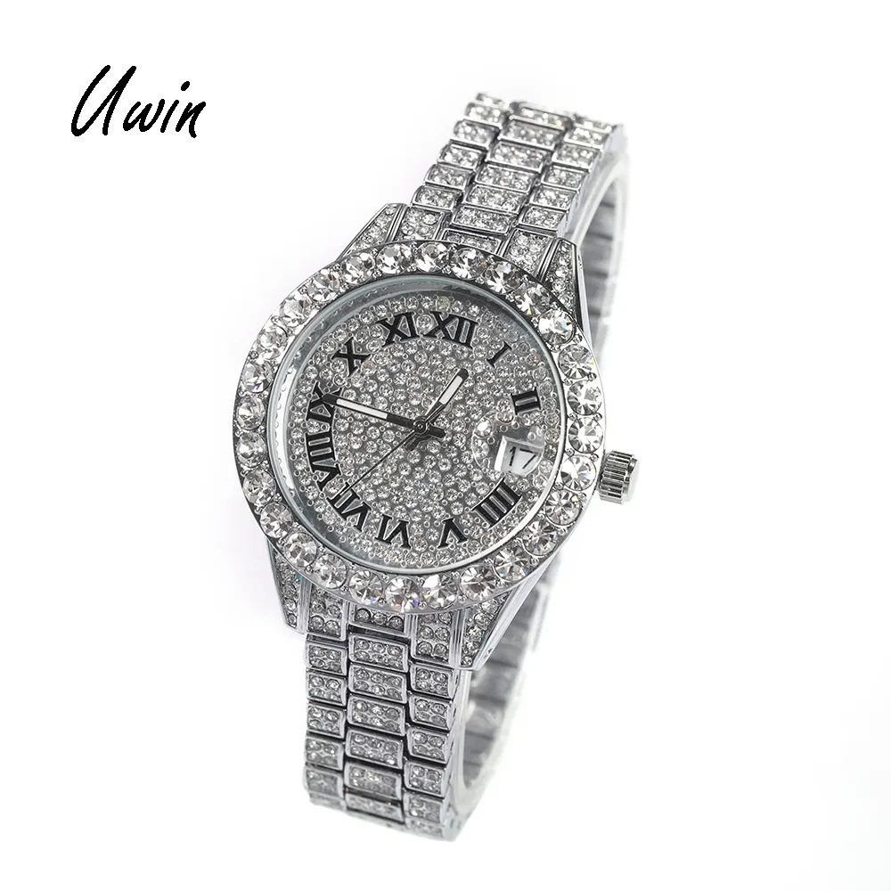Uwin Small Dial Woman Watches Baby Pink Iced Out Quartz Clock Luxury Rhinestone Waterproof Wrist Watch Small Size For Women
