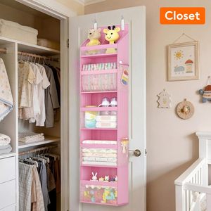 Organisateur suspendu au-dessus de la porte pour bébé, 5 niveaux, étagères de rangement roses pour la chambre d'enfant avec poches en filet pour jouets et articles essentiels - Product Image 2