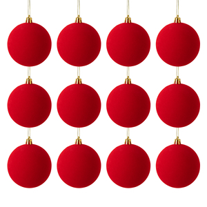 12 pièces de boules en plastique floquées en velours de haute qualité, rouge mat, décorations suspendues douces pour arbre de Noël - Product Image 4