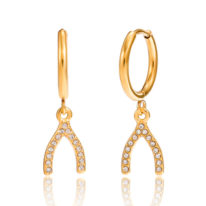 Pendientes de Acero Inoxidable Chapados en Oro de 18K J&D, Pendientes Clásicos con Circonita Blanca en Forma de Hueso de la Suerte en Forma de Y - Product Image 1