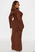 Robe longue maxi en tricot crocheté à col en V et taille nouée, ajourée, moulante, à manches longues, ample, grande taille, pour femme, simple, oversize, printemps été plage