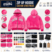 Hoodie Pria Pink Custom Full Zip dengan Aplikasi Huruf Lengkung Pola Tonal Streetwear OEM ODM Pasokan Pabrik