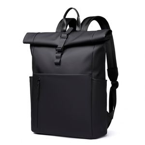 Quality Roll <b>Top</b> Laptop Backpack with Back Side Open Pocket Waterproof PU Leather Custom logo Business Backpack for Teenager - Product Image 3