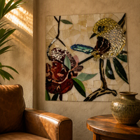 Mural Mosaik Seni Kaca Buatan Tangan Khusus dengan Motif Burung, Bunga, dan Batu untuk Dinding Fitur Villa, Hotel, dan Lobi