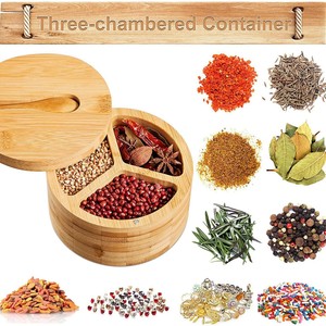 <b>Bamboo</b> Spice Box Round 3 Compartment Airtight Lid With Spoon Kitchen Storage <b>Container</b> For Solid Seasonings - Product Image 4