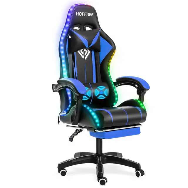 Reclining Ergonomic Leather Swiveling PC Racing Led Lighting Game Chair with Footrest