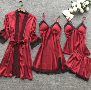 Conjunto de 4 piezas de satén para mujer, pijama de noche, batas de seda personalizadas, ropa de descanso de diseñador, camisón. - Product Image 2