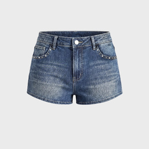 Shorts en jean brodés de strass tête d'<span class=keywords><strong>aigle</strong></span> pour femmes, taille haute, délavés, style Y2K, personnalisables, vente en gros - Product Image 4