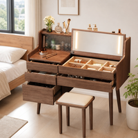 Coiffeuse en noyer style Mid-Century avec miroir LED relevable, armoire en verre cannelé, 4 tiroirs et tabouret