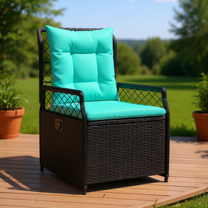Silla Reclinable de Patio en Ratán Sintético Negro con Cojín Turquesa para Uso en Exteriores y Jardín - Product Image 2