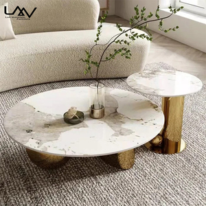 Set di Tavolini da Caffè Moderni di Lusso con Struttura in Metallo e Piano in Ardesia, Tavolino Rotondo Dorato per Hotel e Soggiorno - Product Image 4
