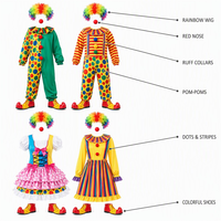 Collection en gros de costumes et robes de clown pour adultes, 10 modèles avec cols en dentelle à volants et pompons pour fêtes de cirque et spectacles