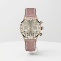 Montre antique avec bracelet en cuir rose glamour personnalisé avec logo, boîtier en acier inoxydable or rose et mouvement chronographe U3009