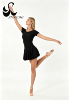 Maillot de Ballet Negro Mate de Manga Corta con Falda para Adultos/Niños, Espalda en U Grande, Traje de Danza para Clases