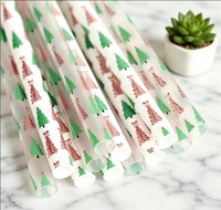 Pailles à boire réutilisables imprimées de 12 pouces avec un arbre de Noël rose et vert, fabriquées en PP, écologiques et sans BPA