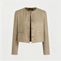 Veste Courte Femme Personnalisée OEM à Col Rond avec Boutons Métalliques et Nœud à la Taille, Manches Longues, Idéale pour le Quotidien