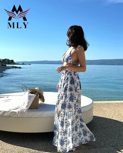 Mle أنيقة طويلة الأكمام كشكش ملابس الشاطئ النساء ، طباعة المرجانية الصيف فستان الشاطئ بيكيني التستر - Product Image 4