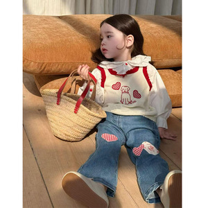 Girls' Korean Style Cartoon Knitted Vest With Jeans Set Spring Outfits For Children - Product Image 2