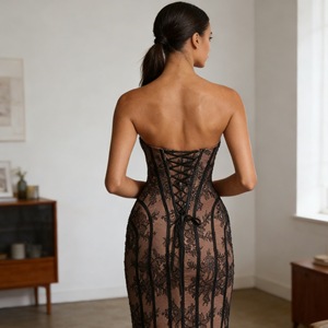 Elegante Nuovo Abito Lungo <span class=keywords><strong>da</strong></span> <span class=keywords><strong>Cerimonia</strong></span> Senza Spalline con Righe Verticali e Inserti in Pizzo, Vestito Elegante per Donne - Product Image 5