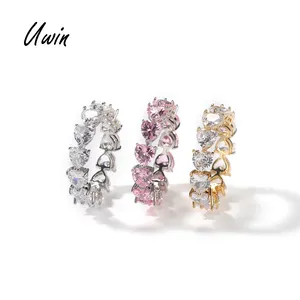 Promotion Hip Hop Pink CZ Heart Shaped Cubic Zirconia Ring Gold Plated Women Finger Rings Wholesale Jewelries