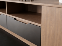 Meuble TV moderne en bois noir avec étagères murales flottantes, console multimédia et bibliothèque pour salon