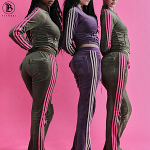 Tuta da donna con righe laterali personalizzate in <span class=keywords><strong>velluto</strong></span> nuova costola con cerniera giacca in <span class=keywords><strong>velluto</strong></span> <span class=keywords><strong>pantaloni</strong></span> da Jogger due pezzi Set abbigliamento - Product Image 2