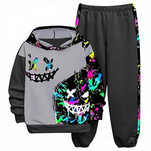 WDIRARA Jungen Vintage 2-teiliges Set mit buntem Grafikdruck, Langarm-Hoodie und Jogginghose, Trainingsanzug, 100% Nylon - Product Image 1