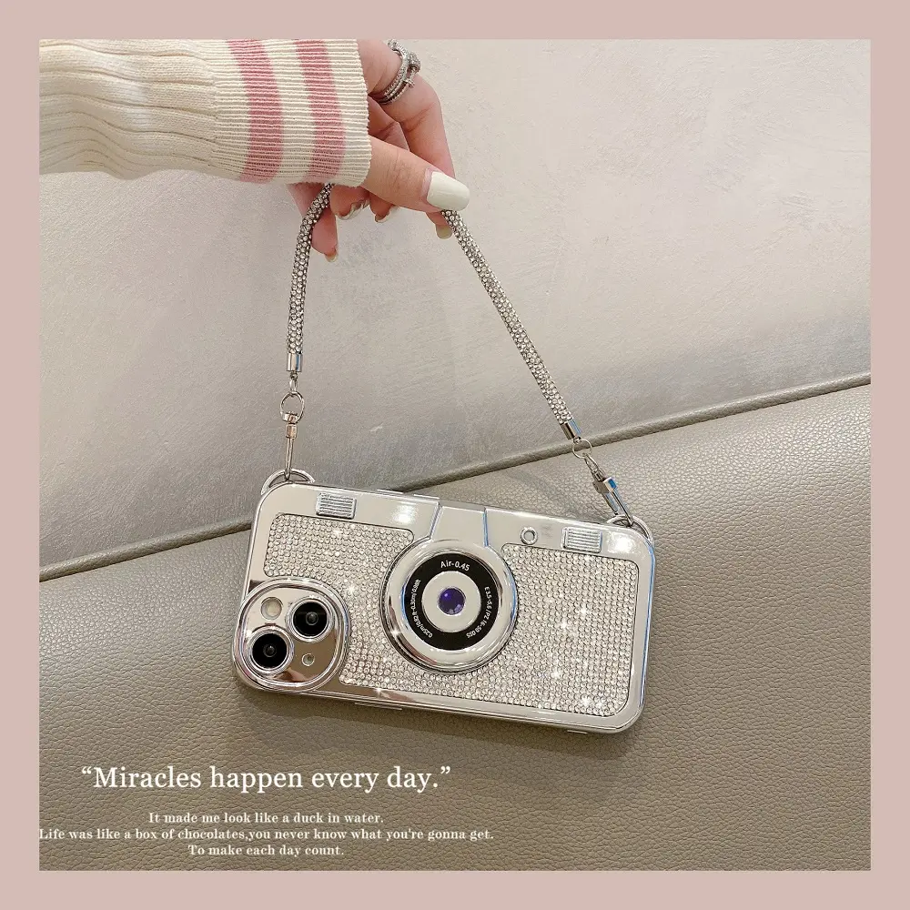 for iphone 15 pro max case with diamond pattern 3D Unique Design support wireless charge Cute Camera Design Long Strap