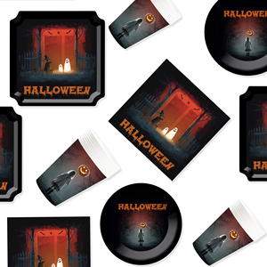 DAMAI Fournitures de fête d'Halloween : Assiettes et serviettes d'Halloween au design citrouille, chat noir et fantôme mignon, ambiance violet et noir - Product Image 2