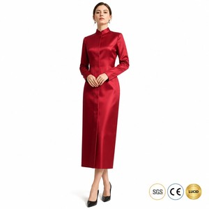 Abito Midi da Donna in Raso Duchesse 240GSM, Collo Alto, Maniche Lunghe, Stile Colonna Strutturata, per Cerimonie, Personalizzabile in Stile Diplomatico di Ginevra - Product Image 1