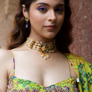 Gold Tone Temple Choker with Earrings Adjustable Indian Ethnic Bridal Wedding Festival Jewelry <b>Statement</b> <b>Necklace</b> Set - Product Image 5