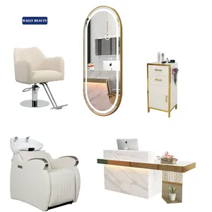 Wallybeauty salon furniture beige color styling chair salon mirror with LED light golden trolley salon package