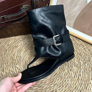 Sandalias Retro Estilo Hong Kong para Mujer, Chanclas Planas con una Sola Tira, Zapatos de Playa de Color Sólido Negro Caqui, Calzado de Verano a la Moda - Product Image 3