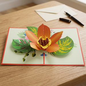 Tarjeta Pop-up Orquídea Naranja Hecha a Mano, Invitación de Felicitación, Impresión Tipográfica 3D, Flor de Papel, Venta al por Mayor en Hanói, Viet-craft - Product Image 1