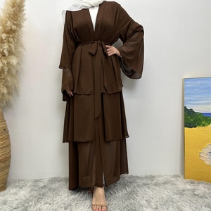 1896# Best Seller Chiffon Open <b>Abaya</b> Solid Color 3 Layered Long Sleeve Dubai Abayas Cardigan Style 9 Colors - Product Image 2