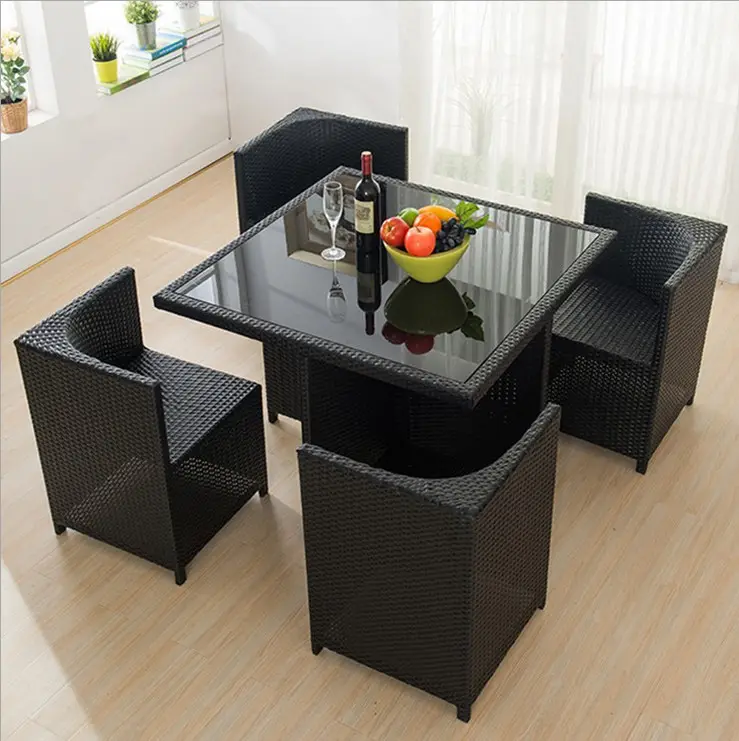 Outdoor Furniture High Quality Waterproof White Wicker 4 Sets Rattan Dining Tables And Chairs With Drawer
