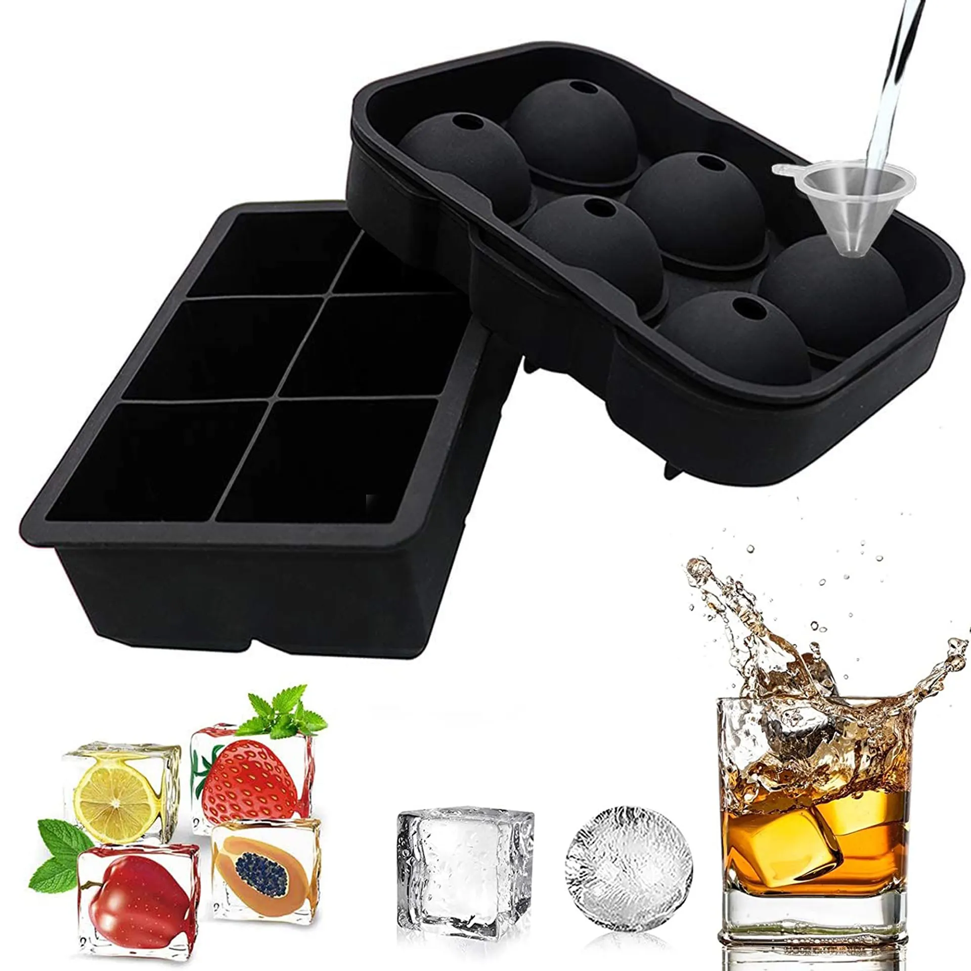 Hot Selling 4 6 8 Cavity Square Round Ice Ball Handmade Whisky Beer Moulds Silicone Ice Cube Tray Mold