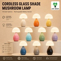 Lampe de table en verre rechargeable en forme de champignon, base en céramique, USB-C, 3 températures de couleur, tactile, à intensité variable, sans fil, pour la maison et l'hôtel
