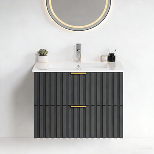 Mueble de Baño de Pared de 29-31 Pulgadas <span class=keywords><strong>con</strong></span> Lavabo de Cerámica Integrado, Cajones Acanalados Gris Oscuro, Tiradores Dorados y Espejo Redondo LED - Product Image 4