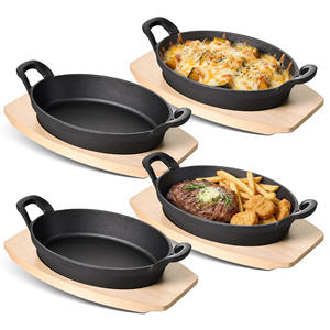 Lot de 4 poêles rondes en fonte avec plateaux de service en bois, poignées binaurales antiadhésives, écologiques, sans BPA, durables pour la cuisson des steaks, des pâtes - Product Image 1