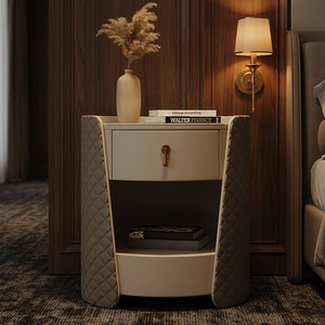 Table de chevet <span class=keywords><strong>Evelyn</strong></span> T17, style italien moderne minimaliste, en cuir véritable, fabrication artisanale, plateau en bois massif, écologique, luxe pour chambre à coucher - Product Image 1