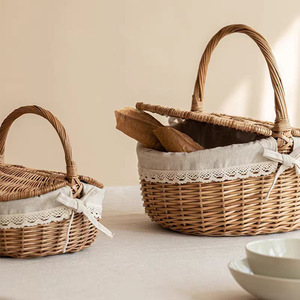 Wicker <b>Basket</b> Oval Linen Lined With Handle For Picnic Storage Food Container <b>Small</b> Medium Large Size - Product Image 1