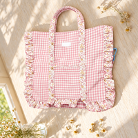 Sac fourre-tout en coton style Cottagecore avec motif bonbons, fermeture éclair, mignon, vert et bleu, pour couleurs rouges, bords à volants - Vente en gros, faible MOQ