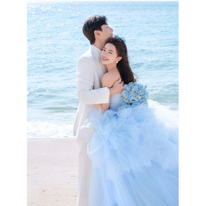 Seaside Blue Wedding Dress Sweetheart Neckline Empire Waist Tulle Ball Gown Princess Style For Beach Wedding - Product Image 4