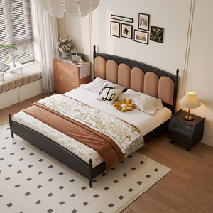 French Vintage Rubberwood Bed 1.5m 1.8m Soft Headboard Platform Bed For Master Bedroom - Product Image 2