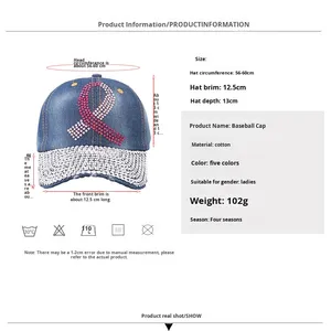 Casquette de baseball en cristal pour femmes Chapeau de ruban de sensibilisation au cancer du sein Casquettes en strass Casquettes à rivets - Product Image 4