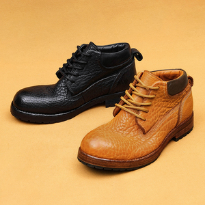 Bottes de travail pour hommes en cuir véritable jaune, style montantes, grain alligator, avec construction Goodyear Welt - Product Image 2