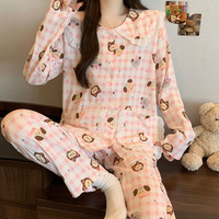 Ensemble pyjama Lijia pour femme, respirant, printemps/automne, haut à manches longues, pantalon, col volanté, jacquard, motif nuage en coton, style poupée
