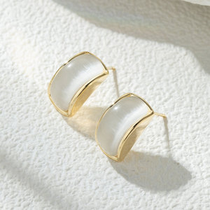 Stylish Minimalist Cat Eye Stone Semi Circular Stud Earrings Gold Plated S925 Silver Needle Geometric Design - Product Image 1
