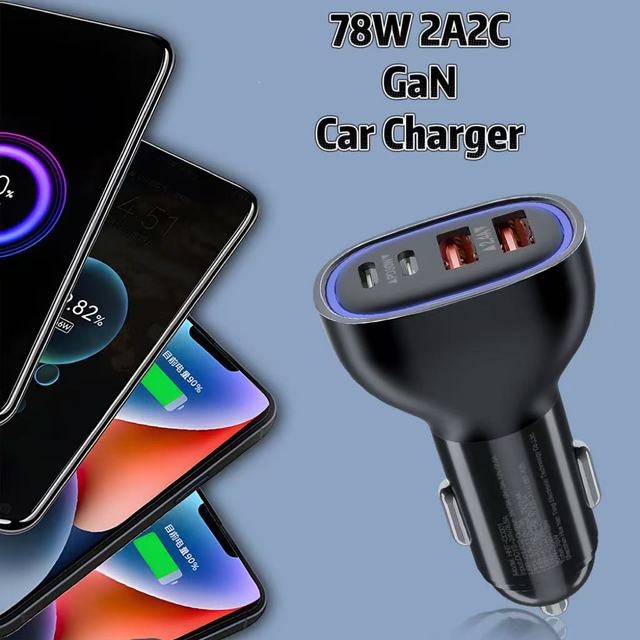 Wholesale OEM 78W GaN Mini Car Charger 2C+2A Fireproof PC Material OTP Protection Car Power Adapter For Cell Phone Laptop
